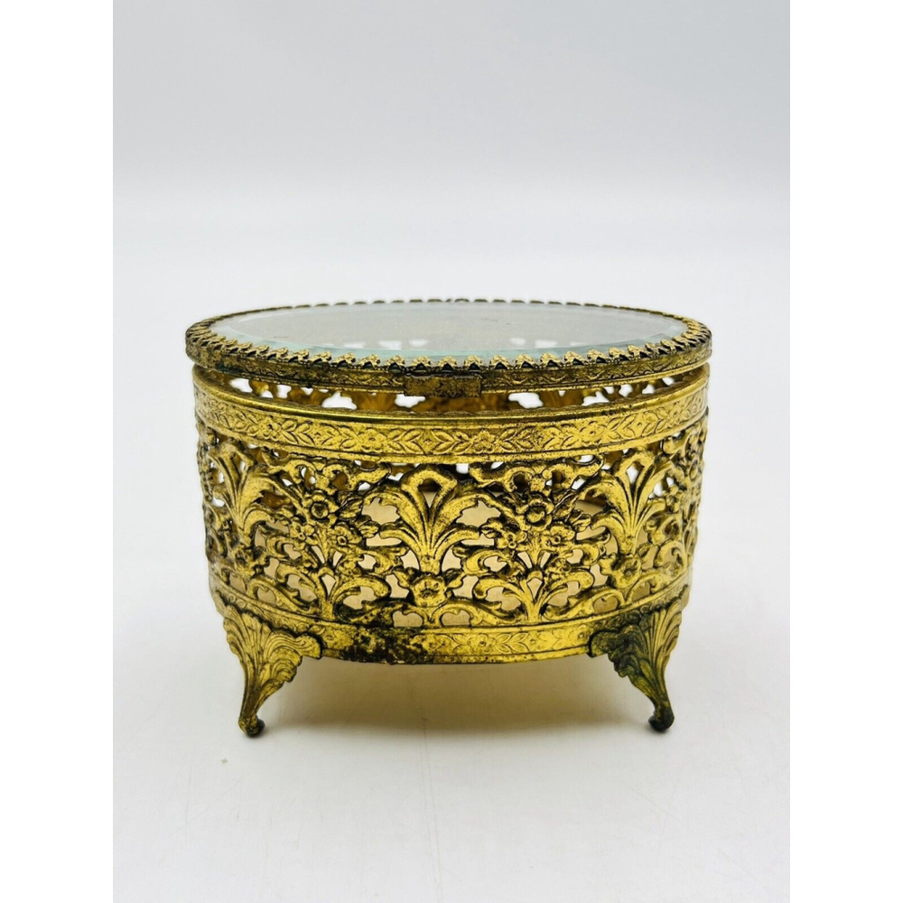 VTG Gold Filigree ORMOLU Footed Casket Jewelry Trinket Box with Beveled Glass